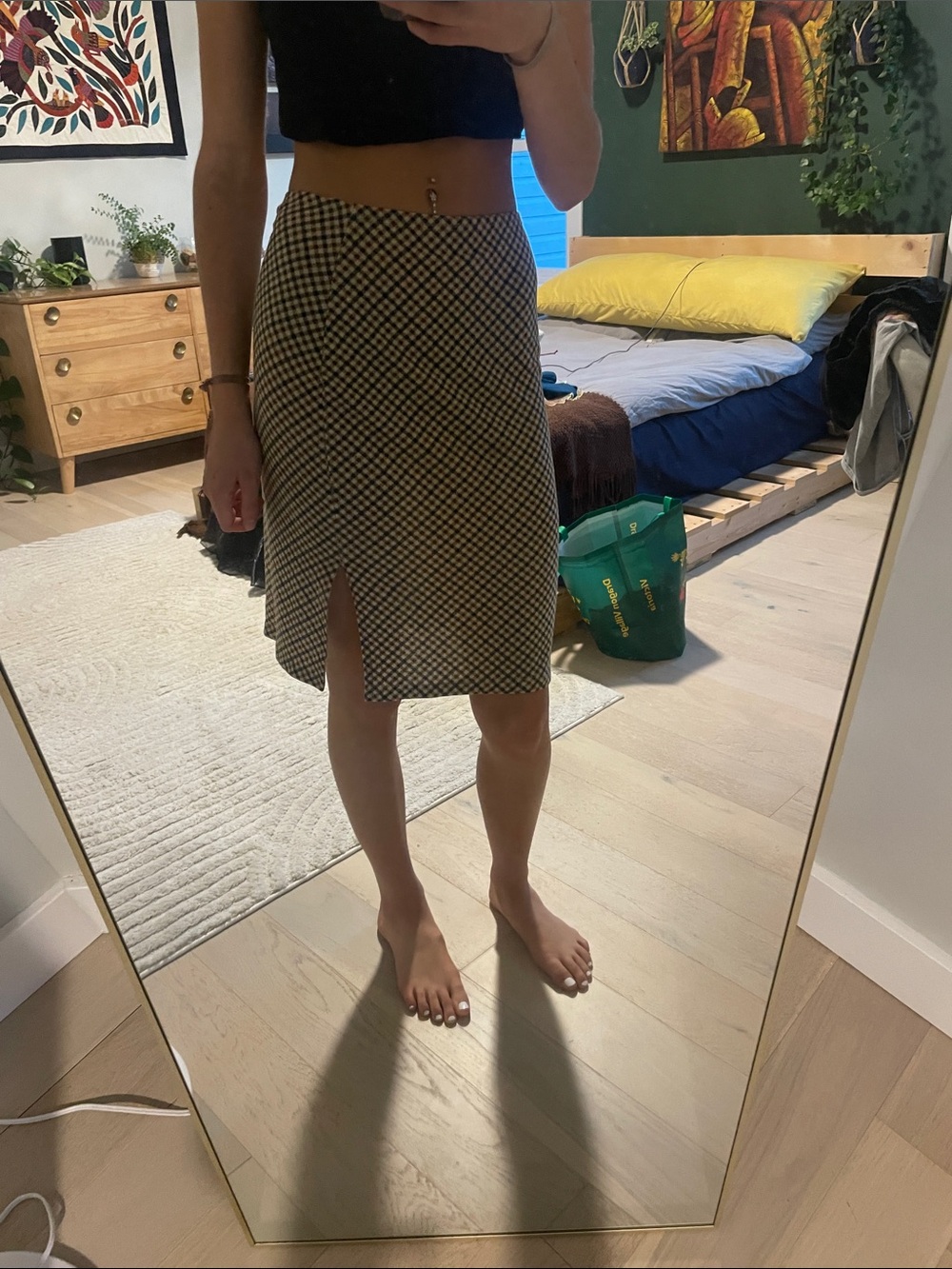 Checked Midi Skirt with Front Slits
